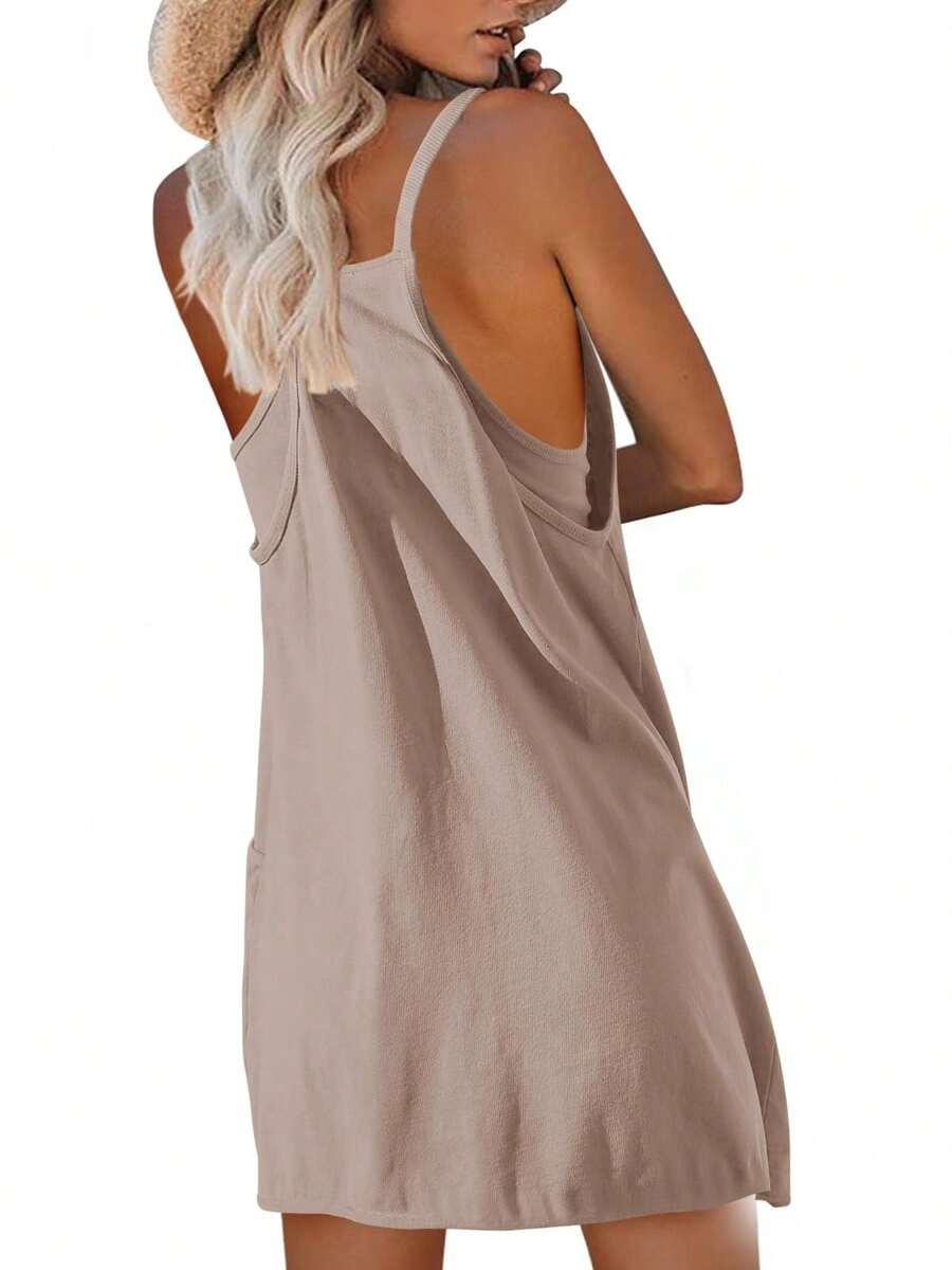 Womens Sleeveless Athletic Hot Shot Mini Dress With Built-In Shorts Sundress - Khaki - View 1
