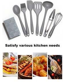 8pcs Silicone Kitchenware Set, Kitchen Non Stick Pan, Spatula, Spoon, Food Clip, Cooking Spatula Storage Bucket, Kitchen Supplies,Used In The Kitchen