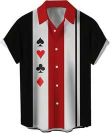 Vintage 1950s Casual Short Sleeve Button Up Contrast Summer Color Block Cuban Bowling Shirts Men - Poker - Xem 1