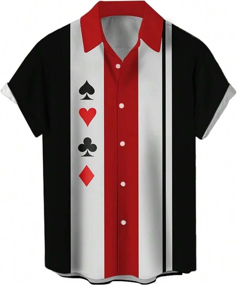 Vintage 1950s Casual Short Sleeve Button Up Contrast Summer Color Block Cuban Bowling Shirts Men - Poker - Xem 1