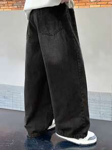 Jeans casuales y versátiles de bolsillo y corte holgado para adolescentes - Negro - Ver 4