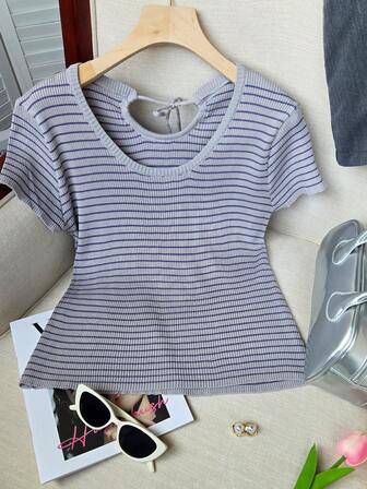 女式夏季休闲修身U领透气拼色条纹镂空后背抽绳短袖T恤2025