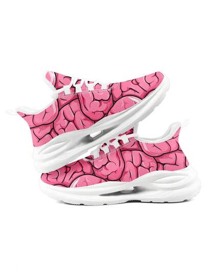 加大码万圣节男士大脑印花运动鞋，粉色僵尸风格设计，轻便运动鞋，恐怖服装鞋履
