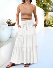 SC-SkirtWomen'sMaxiStA-LineFlowyRuffleTieredElastichWaistBeachLongStswithPocketsblack Skirt Skirt