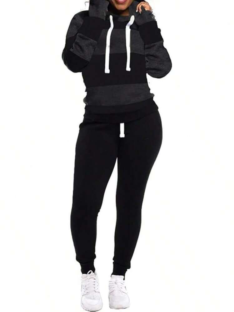 Womens 2 Piece Tracksuit Long Sleeve Warm Up Outfit Patchwork Pants Set, Fashionable Athletic Wear - 灰黑色 - 查看 1