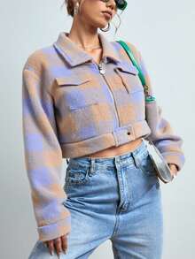 Chamarra afelpada corta dama mujer tejido suave a cuadros solapa manga larga diseño casual cierre frontal bolsillos delanteros estilo moderno cómodo ideal para frío otoño invierno prendas cálidas  de moda día noche fiesta evento salida vacaciones - Lila Púrpura - Ver 3