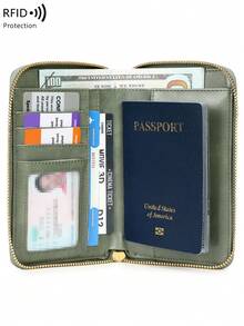 复古护照夹，带 RFlDBlocking 和高品质设计 - 轻便旅行！文件整理器，紧凑拉链开合！多个隔层，时尚纯色，适合旅行和日常使用，护照旅行钱包 - 綠色 - 查看 10