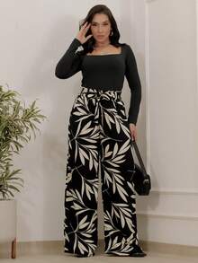 Printed High-Waisted Palazzo Pants With Pockets, Lining And Ties - Pantalones negros estampados 2 - Ver 1