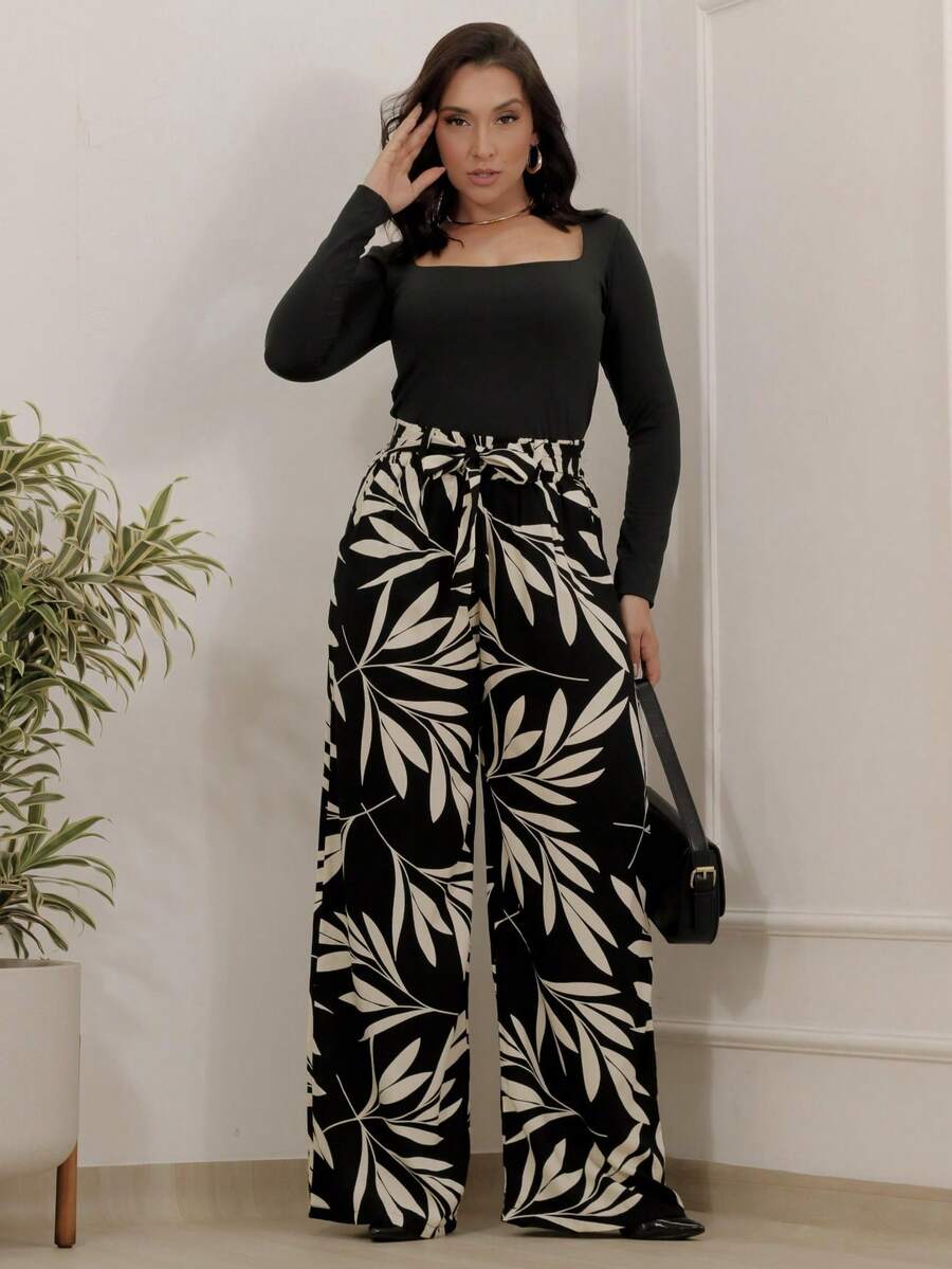 Printed High-Waisted Palazzo Pants With Pockets, Lining And Ties - Pantalones negros estampados 2 - Ver 1