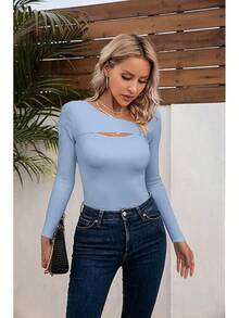Womens Fashion Fall Cutout Long Sleeve Ribbed Slim Fitted Tops Shirts Tee Tshirts - Long-light Blue - View 7