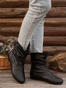 Women Casual Flat Ankle Boots, Retro Solid Color Slip-On Short Boots, Comfortable Outdoor Boots