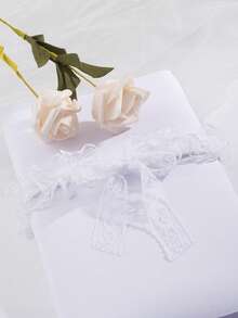 1 件女士白色蕾丝蝴蝶结装饰性感弹力大腿带可爱吊袜带情人节