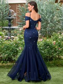 MIUSOL Sequin Floral Lace Deep V-Neck Off Shoulder Mesh Mermaid Hem Evening Party Maxi Dress,Elegant Party Dress For Women,Formal Evening Gown,Prom Dress - Navy Blue - View 3