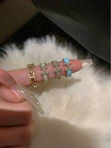 4 件套奢华字母 H 珐琅微镶嵌戒指，女士镂空感戒指，独特小众戒指