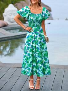 Women's Casual Summer Midi Dress Puffy Short Sleeve Square Neck Smocked Tiered Ruffle Dresses - 綠色花 - 查看 4