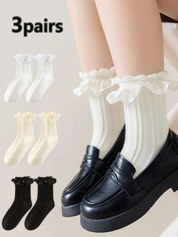 3 pares de calcetines coloridos de encaje, dulces y transpirables para niñas y niños, calcetines de media pantorrilla, artículo único de moda y lindo, calcetines de tubo medio