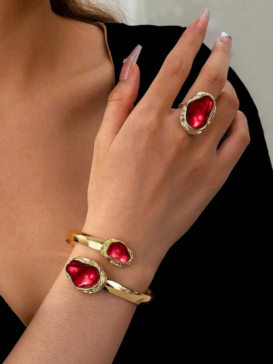 2 件套波西米亚风格红色不对称人造珍珠可调节戒指和手镯，优雅的女士节日派对配饰