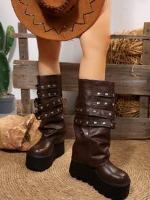 FVPFVP 女士厚底过膝长靴 2025 新款高筒靴，适合娇小身材，棕色复古骑士靴，纯色，TPR 材质（热塑性橡胶），拉链和铆钉装饰，户外，度假，秋冬 - 棕色 - 查看 4