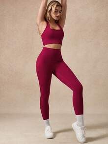 NcmRyu 一套女士高弹力休闲日常穿着吊带背心和裤子圣诞运动服套装 - 玫紅色 - 查看 5