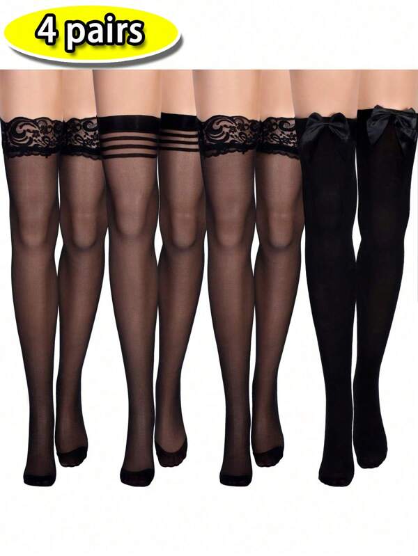 4 Pairs Women's Sexy Sheer Thigh High Stockings, Lace Trim And Bow Accent, Striped Cuff, Fashion Knee High Socks, Cute & Sexy, Suitable For Party, Halloween, Carnival, Daily Outfit