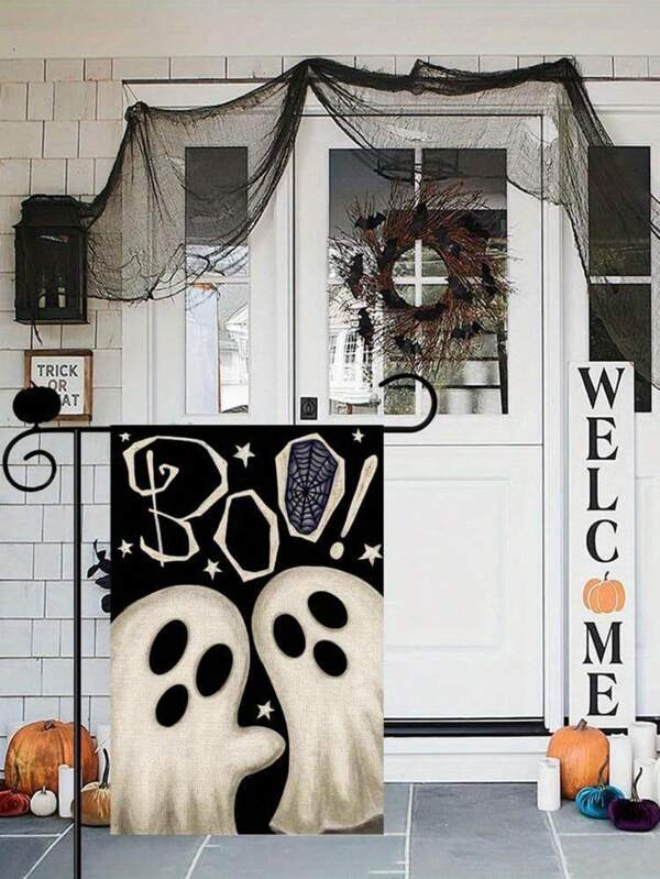 1PC Double-Sided Halloween Garden Flag - Spooky "Boo!" Design With Playful Ghosts, Spider Web & Stars, Black Burlap Farmhouse Outdoor Decor For Patio Or Yard, 30.48x45.72 Cm, Halloween Decorations
