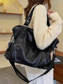 (8972)Rivet Detail Shoulder Bag, Vintage PU Crossbody Bag, Large Capacity Handbag - 黑色 - 查看 2