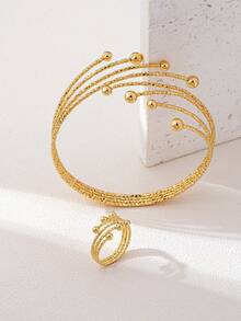 1 Set Fashion Asymmetrical Sphere Engraved Stainless Steel Adjustable Bracelet And Ring, Classic And Elegant Design - Gold - View 4