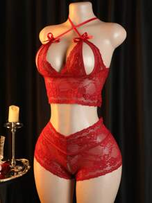 2 Pieces Sexy Lingerie Set With Crossed Straps And Red Bow, Lace Trim And Hollow Design Bra And Open-Crotch High-Waisted Boxer Briefs - Red - View 2
