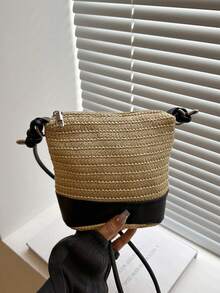 全新夏季时尚编织手提包，女士草编单肩包休闲水桶包 - 黑色 - 查看 2