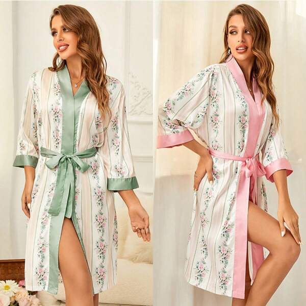 1pc Middle East Style Women Satin 3/4 Sleeve Silky Icy Silk Luxurious Long Robe Nightgown