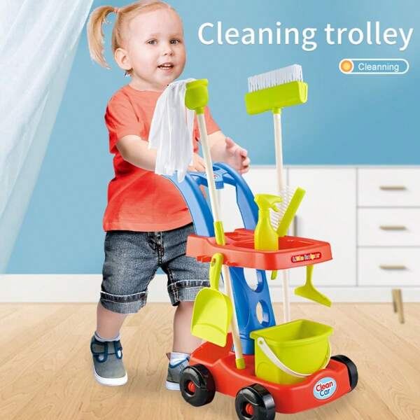 1 SET Children's Cleaning Trolley Set, Cultivate Good Habits Of Hands-On Ability, Water Bucket Can Hold Water, Mopping Function, Simulate Real-Life Scenarios, Parent-Child Interaction Birthday Gift