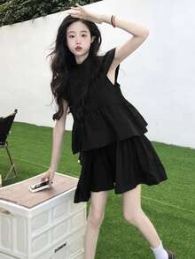 简约黑色盖袖连衣裙，无袖，高品质，修身，优雅迷你连衣裙，适合夏季 - 黑色 - 查看 5