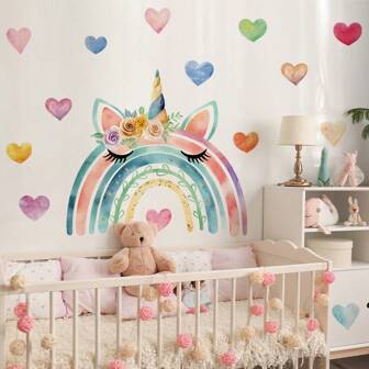 BRUP 卡通彩虹独角兽彩色心形墙贴，适用于儿童婴儿房卧室育儿室装饰墙贴，儿童房装饰，女孩房间装饰用品