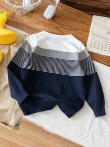 1pc Boys' Collegiate Striped Lightweight Knit Pullover Sweater, Suitable For School In Spring And Autumn - Navy Blue - View 3