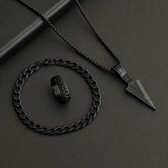 3 pièces/Set Parure de bijoux avec pendentif flèche noire mode, collier, bracelet et bague en acier inoxydable de style hip-hop punk, chaîne cubaine unique, convient pour les hommes