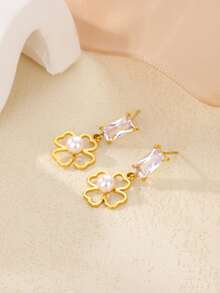 1 对女士锆石珍珠四叶草耳环金色不锈钢花朵耳环圣诞婚礼珠宝礼物 - 彩色 - 查看 4