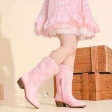 Cowgirl Boots For Girls Mid Calf Youth Girl Cowboy Western Boots Pointed Toe Embroidered For Horse Riding Country Party Toddler Little Big Kids - 淺粉色 - 查看 2