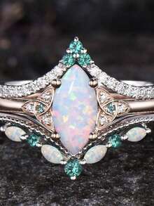 3pcs Luxury Women's Ring Set - Marquise Cut Opal, Faux Gemstone, Party Style Jewelry Gift For Fashionable Women - Bạc - Xem 7