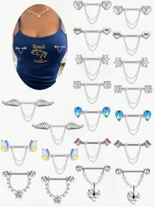 CIZME Set de 2 piezas de anillos colgantes para pezones de 14G para mujeres, de acero inoxidable con palabra de fantasía, corazón, mariposa, CZ, flor, barra de 16mm y cadenas, anillos para pezones sexy y lindos, joyería de perforación