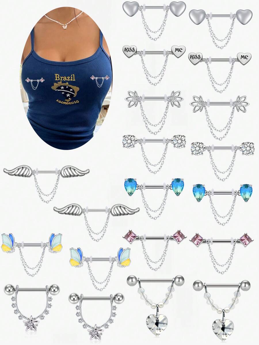 CIZME Set de 2 piezas de anillos colgantes para pezones de 14G para mujeres, de acero inoxidable con palabra de fantasía, corazón, mariposa, CZ, flor, barra de 16mm y cadenas, anillos para pezones sexy y lindos, joyería de perforación