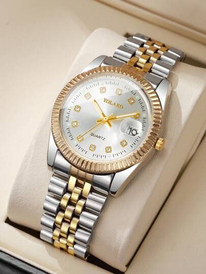 1pc Steel Strap Rhinestone Scale Dial Calendar Quartz Business Wrist Watch, No Horloge Box Included