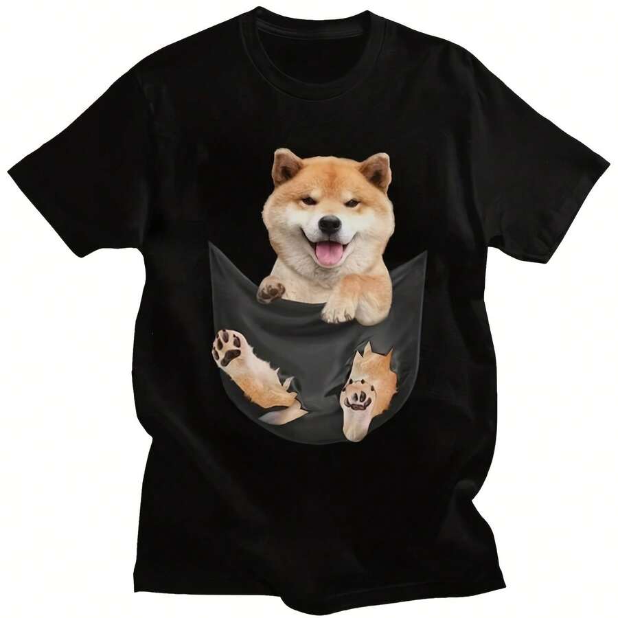 Creative Tee Cute Shiba Inu Puppy Inside Fake Pocket Tshirt Women Summer T Shirt Japan Dog Tee Shirt Kawa Camisetas - 黑色1 - 查看 1