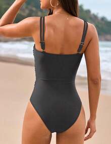 Sexy One Piece Swimsuit Color Blocking Halter Bikini With Metal Clasp Design