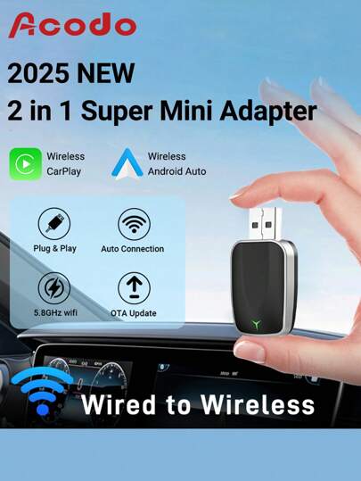 Acodo Acodo 2025 New Wireless CarPlay Android Auto 2 In 1 Mini Car Multimedia Player Box Wired To Wireless Car Adapter Maintains Original Car Functions Wireless Connection Plug And Play Suitable For 99% Of Original Cars