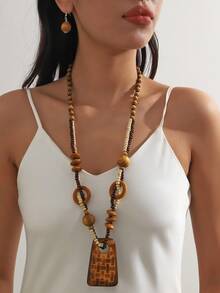 2件套波西米亚风格复古木质长链项链，欧美时尚 - 棕色 - 查看 8