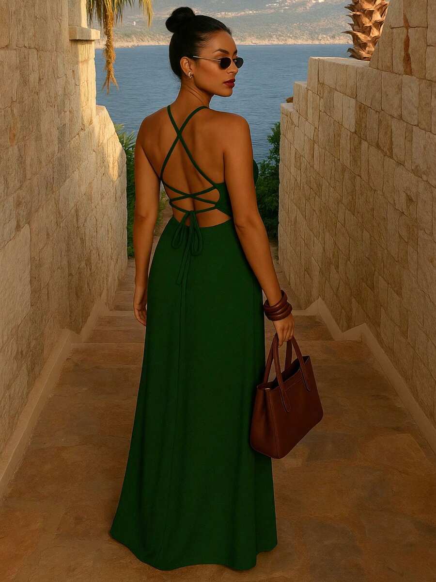 Plain Long Dress Slit Cross Back Adjustable Straps Party Wedding Bridesmaid GuestSimpleCasualCuteElegantSexyBohoVintageClothCrossoverZipperLong Dress Bare BackBeachNightWeddingBaby ShowerFormal & EveningPhotoshootSummer - 軍綠色 - 查看 1