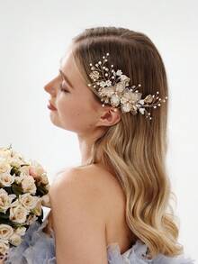 1件装花朵婚礼发夹金色珍珠发饰水晶新娘发饰女士情人节配饰 - 金色 - 查看 2