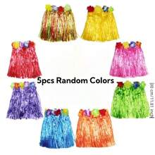 5pcs Hawaiian Style Grass Skirt Costume Set - Colorful Polyester Hula Skirts With Floral Headbands & Bracelets, Women'S Party Attire For Luau Or Beach Party, Beach Party Attire | Vibrant Skirt Set | Durable Polyester, Beach Accessories - Multicolor - View 14