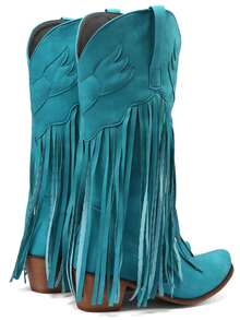 Fringe Mid Calf Boots For Women Cowboy Embroidered Chunky Heel Western Tassel Boots Women Cowgirl Party Vacation Riding Boots - 藍色 - 查看 5