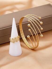 1 Set Fashion Asymmetrical Sphere Engraved Stainless Steel Adjustable Bracelet And Ring, Classic And Elegant Design - Gold - View 3